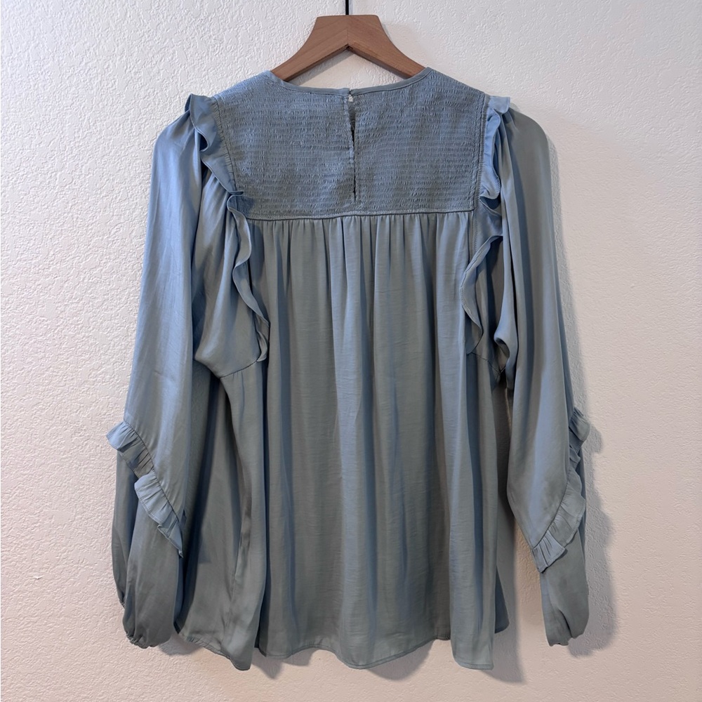 Anthropologie Dolan Smocked Ruffled Long Sleeve Blue Top Size S NWT - Picture 2 of 7
